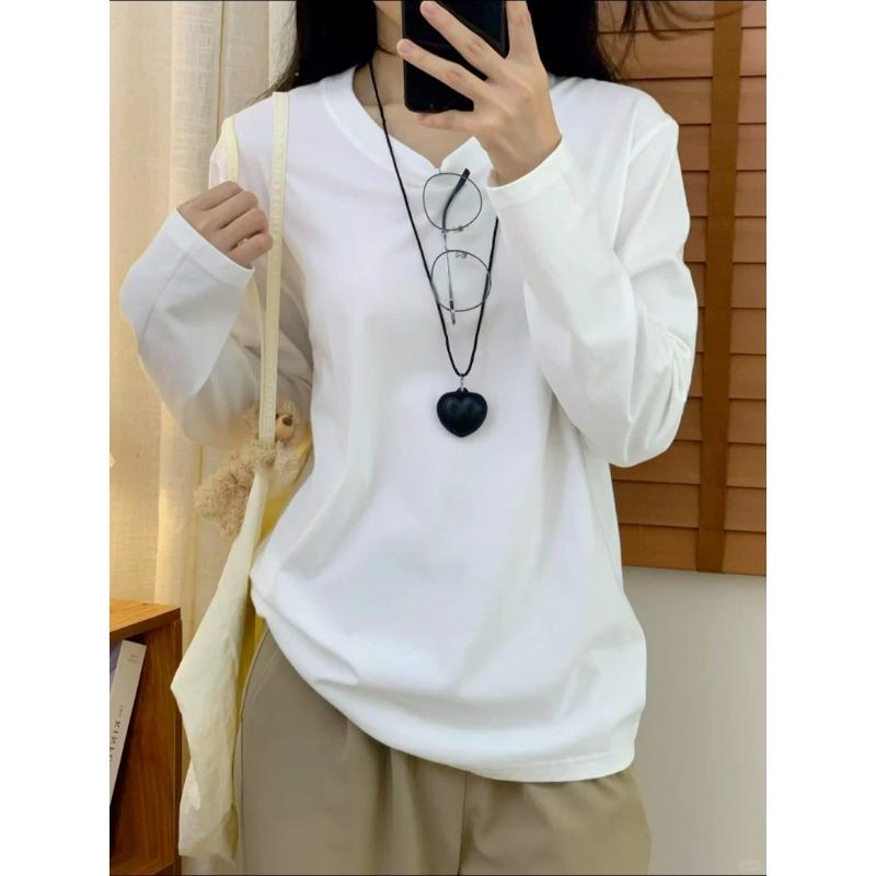 Heavy pure cotton bottoming shirt women's spring simple loose long-sleeved shirt with casual basic white top