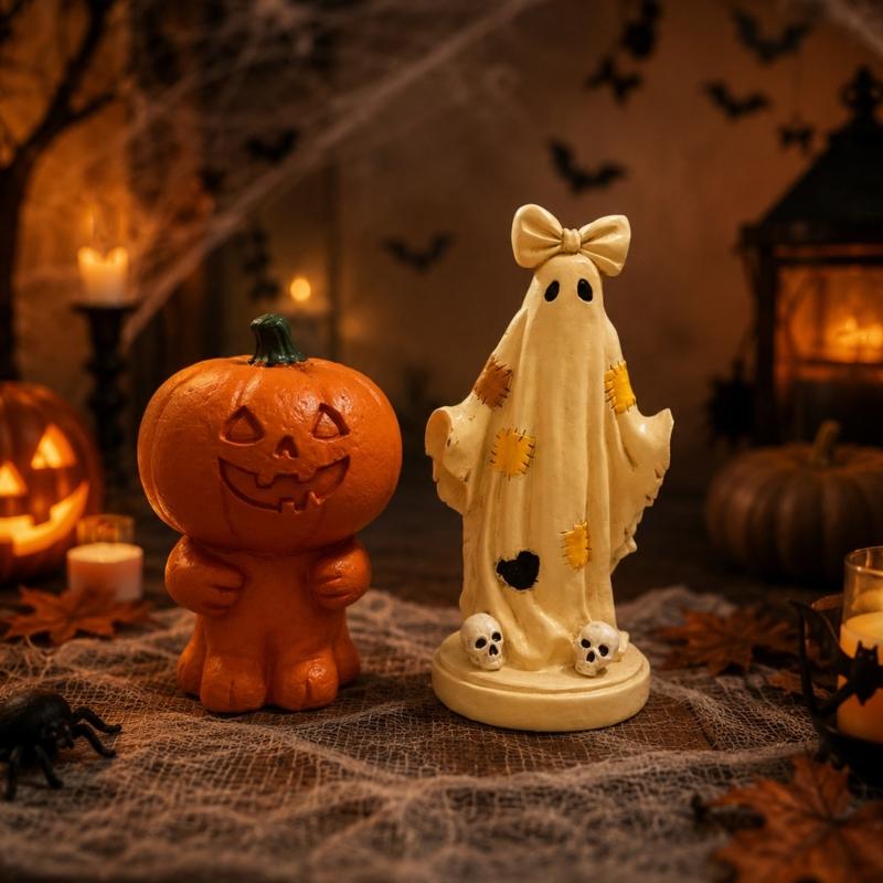 Halloween Pumpkin Figurine Statue for Harvest Home Styling, Detailed Shelf for Desk and Entry Table Display Use