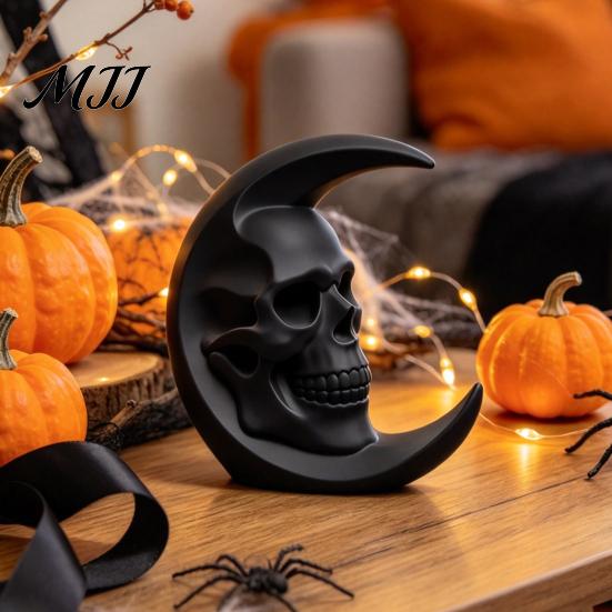 Niche Art Pieces 3D Printed Skull Moon Figurine, Gothic Crescent and Home Accessories Sculpture, Vintage Desktop Statue for Halloween Desk Bookshelf