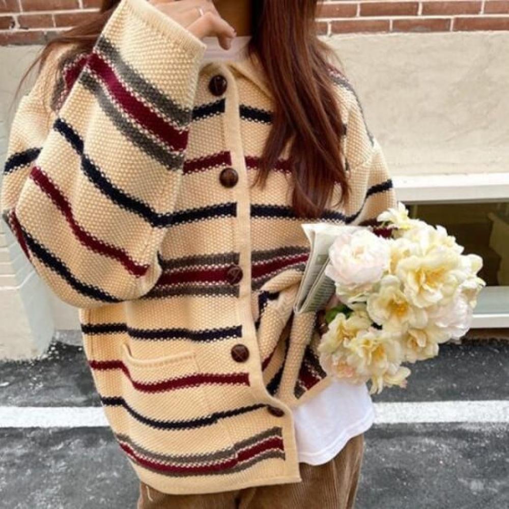 Navava Nk2810 Casual Stripe Long Sleeve Knit Cardigan