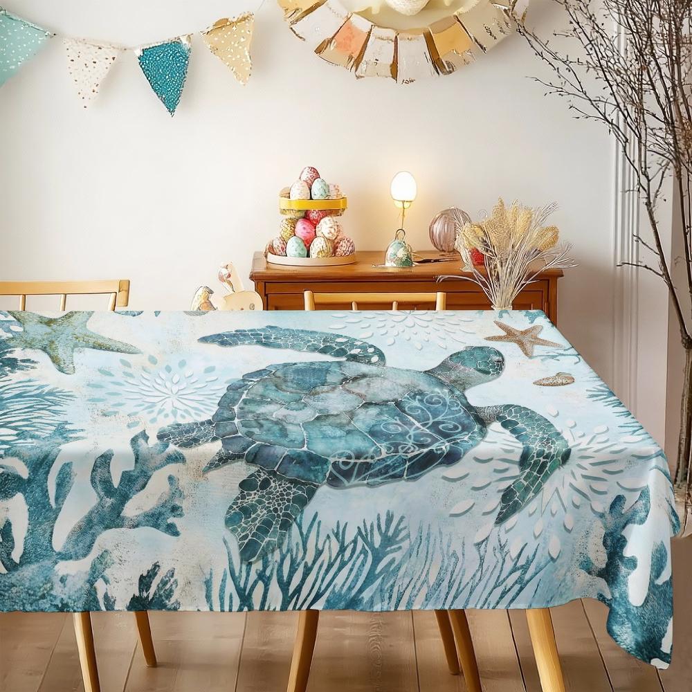 Ocean Turtle Starfish Rectangle Tablecloth for Table Decor Kitchen Dining Waterproof Reusable Tablecloths for Table Dining Room