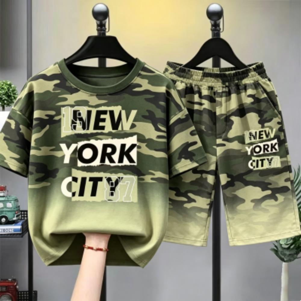 Camouflage Zebra Stripe Letter Printed Women's T-shirt and Shorts 2 Piece Set Summer Home Outdoor Casual Outfit for Men's and Women's T-shirt Set