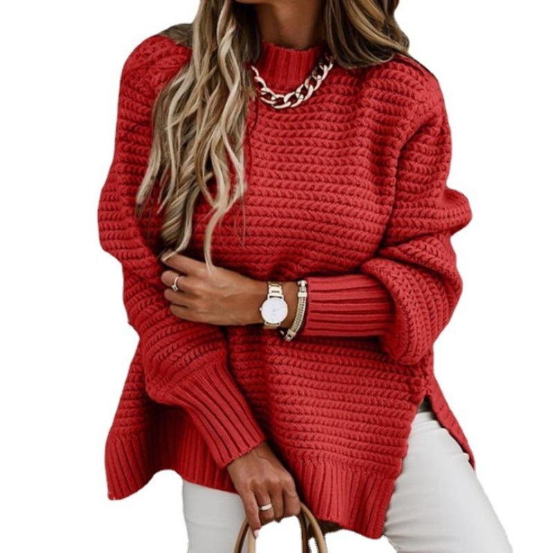 Autumn Half-high Collar Loose Solid Color Long-sleeved Side Slit Knitted Sweater Women