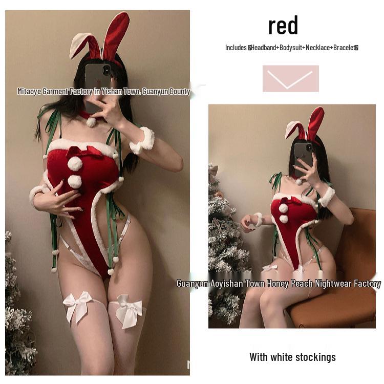 Erotic Christmas Bunny Costume with Fluffy Lace-Up and Open Crotch Design
