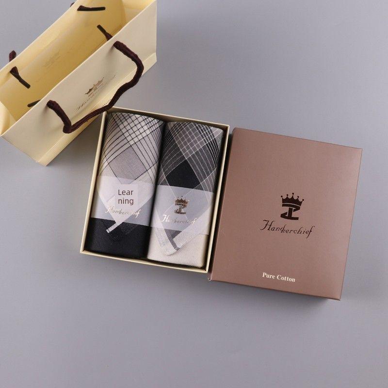 

Ji Peiru Men Handkerchief Pure Cotton Absorbent Sweat-Wiping Handkerchief Classic Gingham Soft Plaid Towel Stripes Square Scarf Peiru: Black + Grey [Double Gift Boxes]]