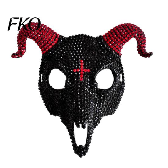 Light Luxury Skull Mask Halloween Rhinestone Full Face Mask, Black White Ram Horn Crystal Studded Masquerade Sparkly Glitter Party for Adults