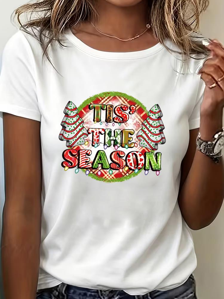 (Asian Size) Tee Top Print New Year trend lovely Clothing T Shirt Women Fashion Christmas Festival Female Woman Short Sleeve Graphic T-shirts