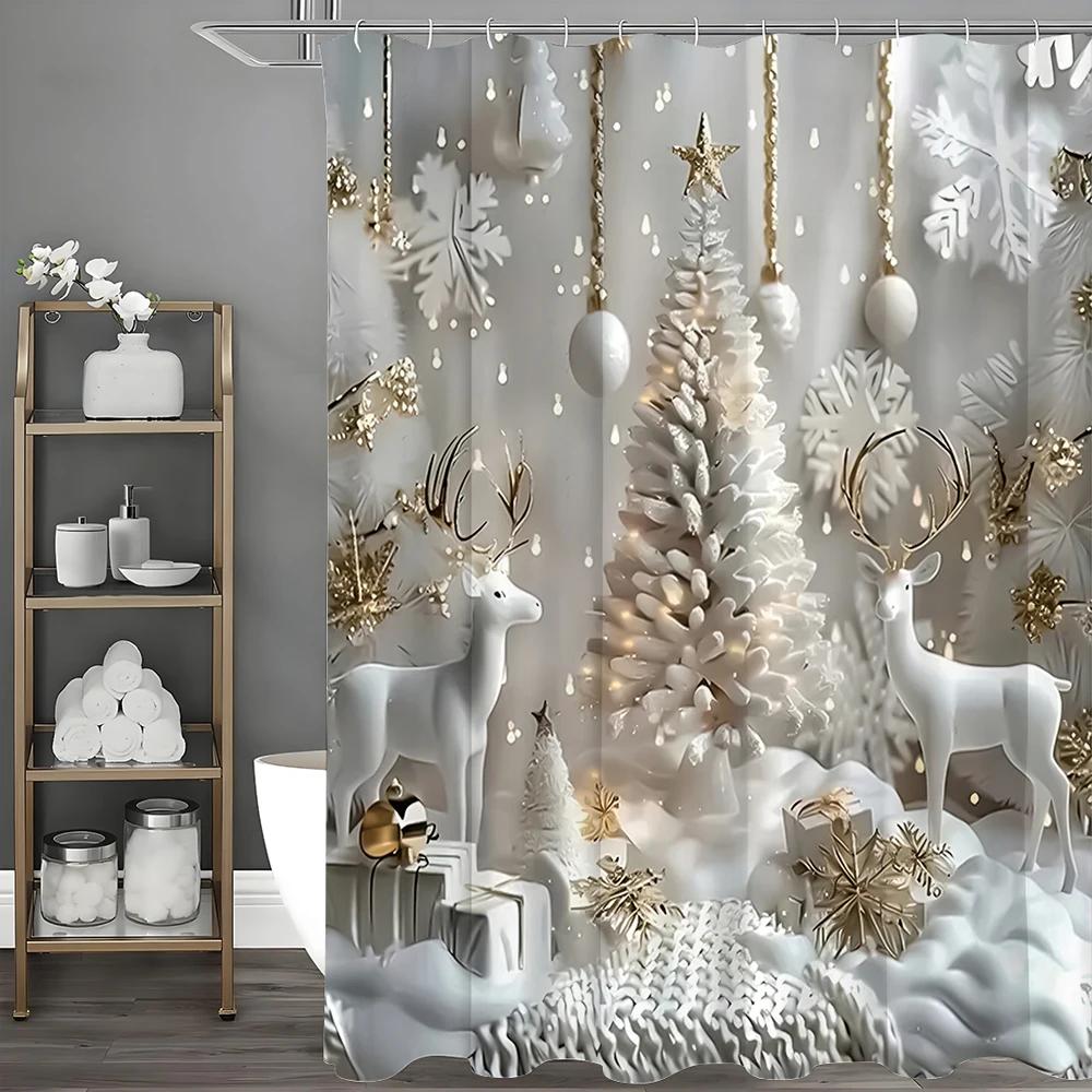 Christmas White Elk Christmas Tree Decorative Shower Curtain, Bathroom Decorative Shower Curtain, Waterproof Shower Curtain with