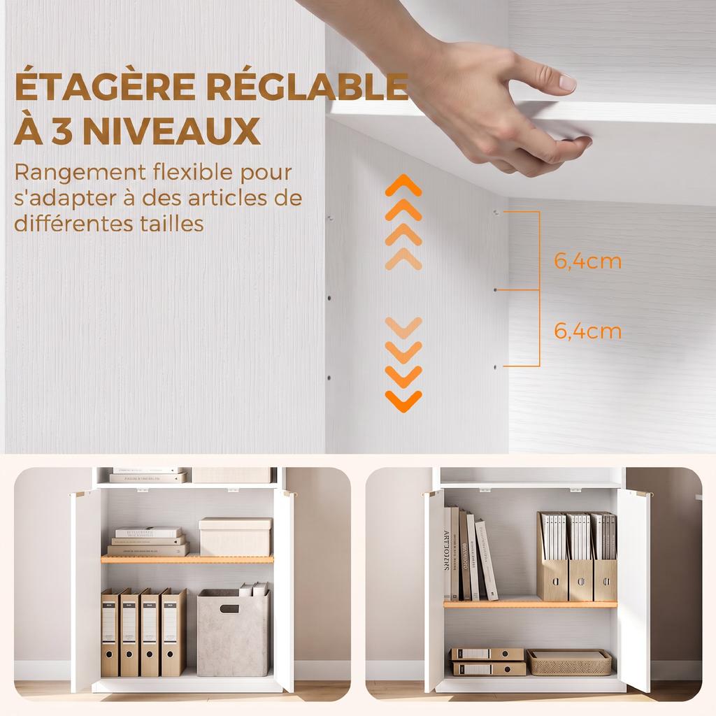 Bookshelf, 6-Tier, 60 x 24 x 182 cm, 4 Open Compartments, 2 Doors, White