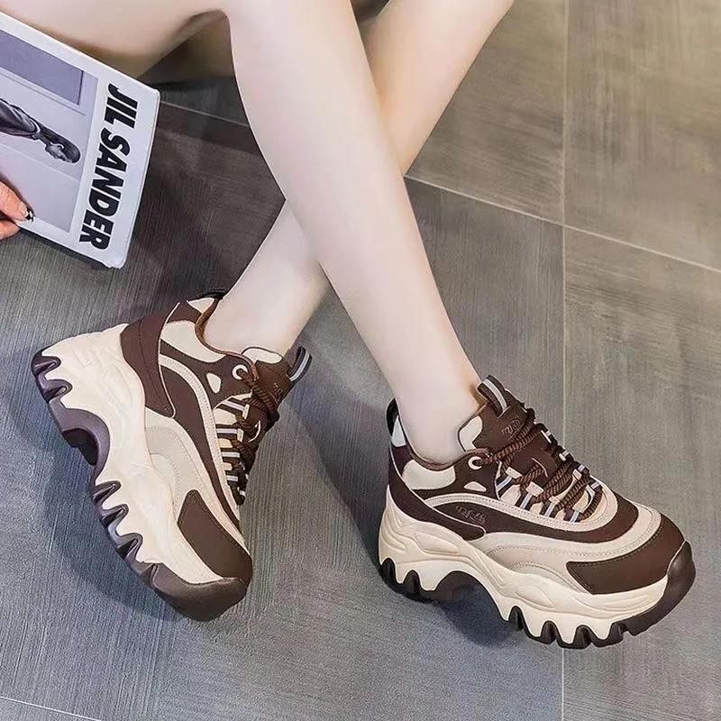 Sneakers Women Casual White Shoes 8CM Fashion Height Increasing Thick Bottom Spring Platform Leather Woman Chunky Sneakers