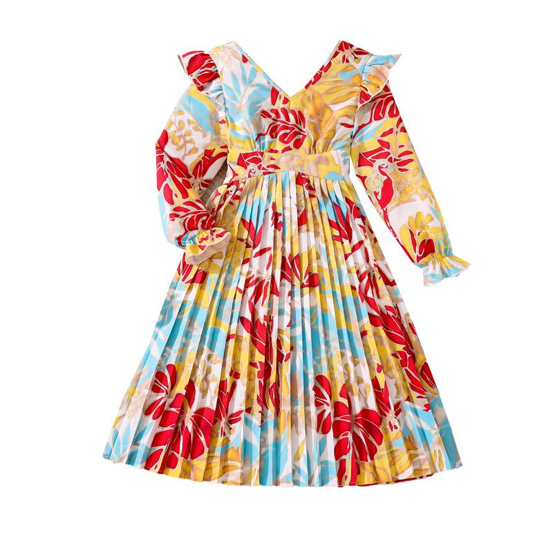 Girls' Dress Autumn New High-end Elegant Printed V-neck Long Sleeve Waist-cinching Slimming Pleated Long Dress for Children