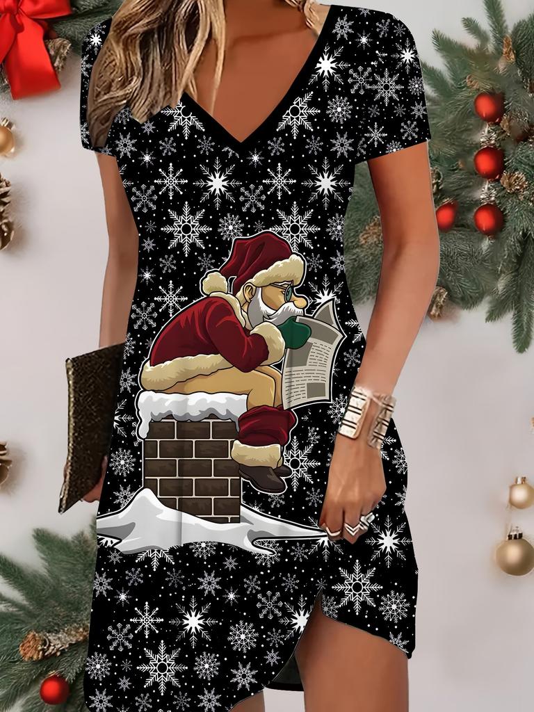 Móda Dámske Šaty s V výstrihom a krátkym rukávom s potlačou Vianočného snehuliaka Sexi Krátke Sukňové Šaty