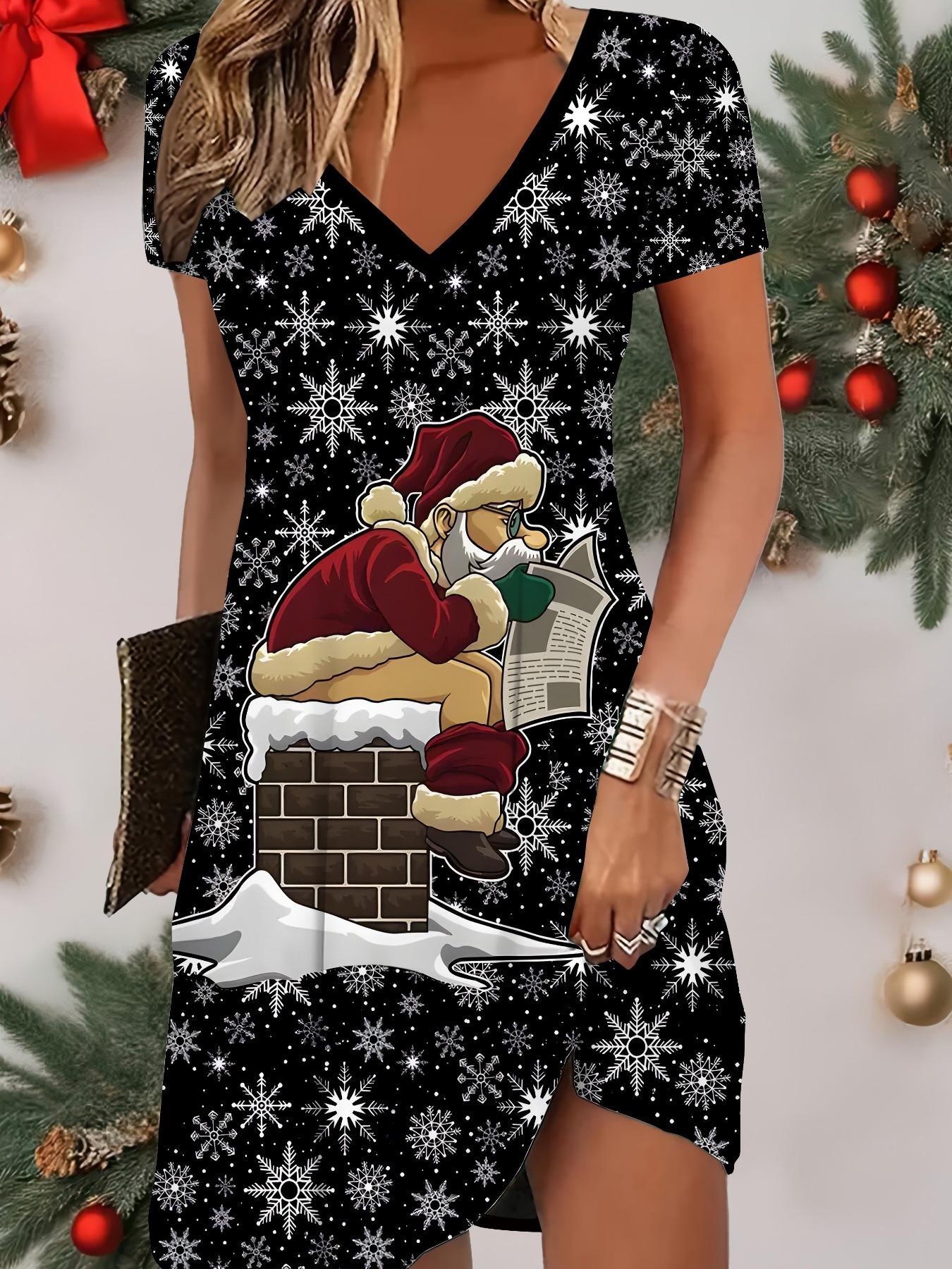 

Мода Жіноча Сукня з V-подібним вирізом та короткими рукавами з різдвяним принтом сніговика Сексуальні сукні з короткою спідницею 8XL сірий