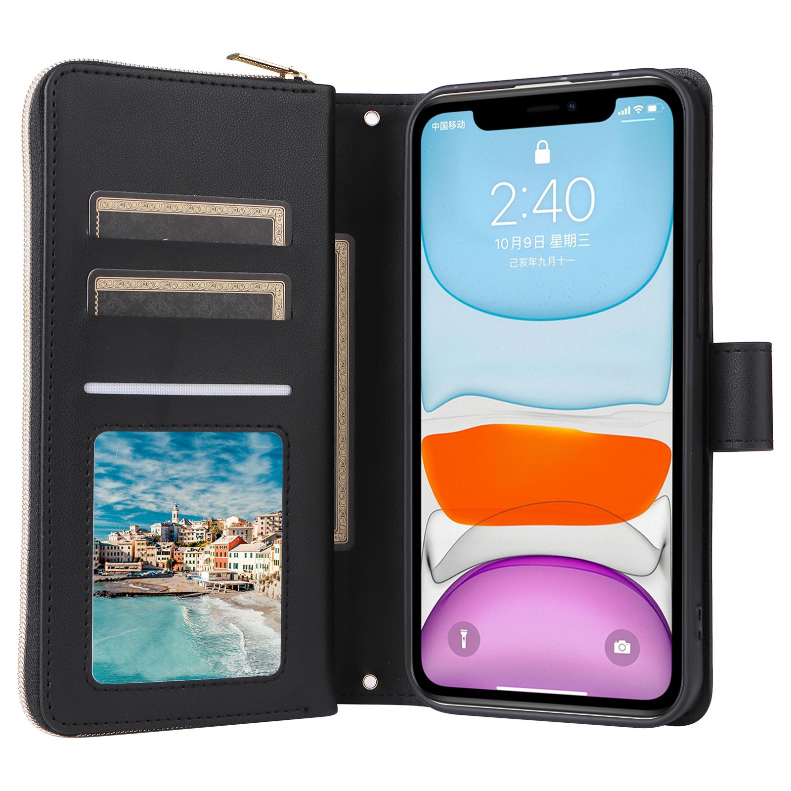 

For iPhone 11 Case Leather Zipper Wallet Rhombus Phone Cover with Shoulder Lanyard Black