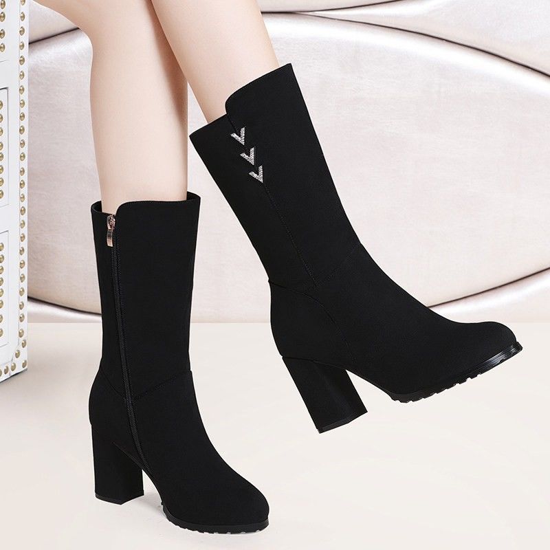Black Pointed Toe Elegant Heeled Rhinestone Ladies Mid Calf Shoes Autumn Winter Fleece-Lined Comfortable Women's Half High Boots