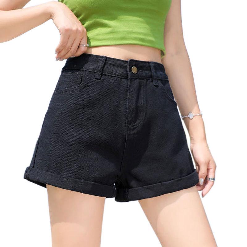 Women's High Waist Cuffed Denim Shorts - Casual Korean Style Wide Leg A-line Hot Pants