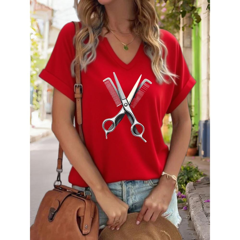 

Women s V-Neck Scissors & Comb Graphic Tee, Hairdresser Tool Print T-Shirt, Casual Short Sleeve Professional Top XL