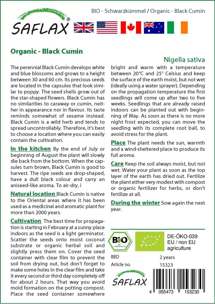 SAFLAX Garden in the Bag - Bio - Černý kmín - 300 semen - Se substrátem v padnoucím sáčku - Nigella sativa