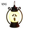 Safe Flameless Candle Halloween Ghost Face Night Light, Portable Retro LED Lamp with Hanging Indoor Outdoor Lighting Ring, Battery Operated