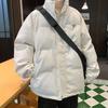 White PU Leather Men's Stand Collar Puffer Jacket - 2025 Winter Street Style, Thickened and Trendy Cotton Outerwear.
