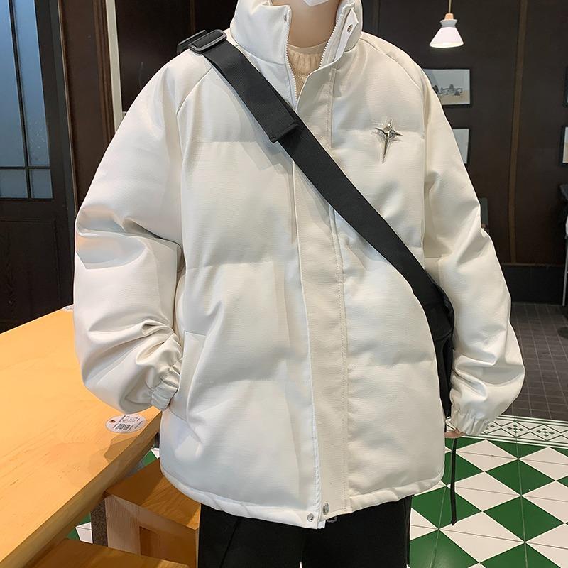White PU Leather Men's Stand Collar Puffer Jacket - 2025 Winter Street Style, Thickened and Trendy Cotton Outerwear.
