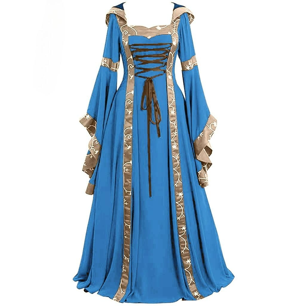 Medieval Retro Hooded Dress, Square Collar, Lace-up, Flared Sleeves, Big Skirt