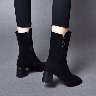 Medium Boots Women's Winter New Pointed Thick Heel High Heel Sheepskin Fashion Boots Velvet Knight Boots Cotton Boots