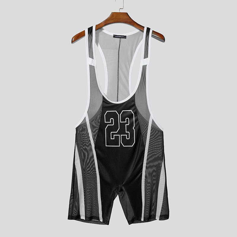 INCERUN Men Summer Sleeveless Mesh Splicing Letter Print Fitted One Piece Jumpsuits Underwear Bodysuits S чёрный