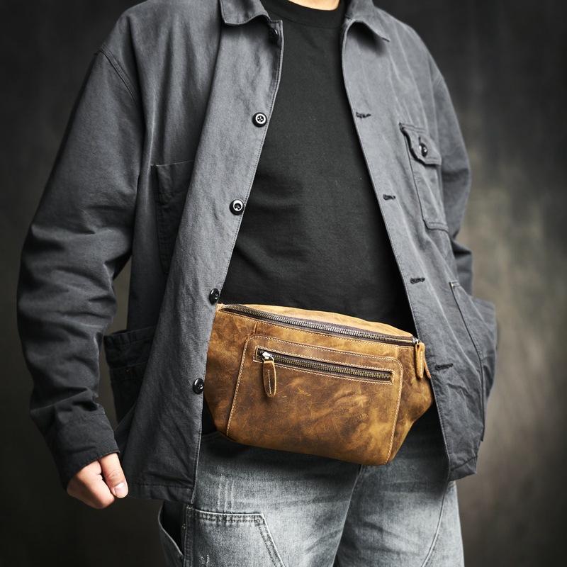 New Retro Genuine Leather Men's Waist Bag with Crazy Horse Leather Large Capacity Men's Bag Multi Functional Head Layer Leather Bag