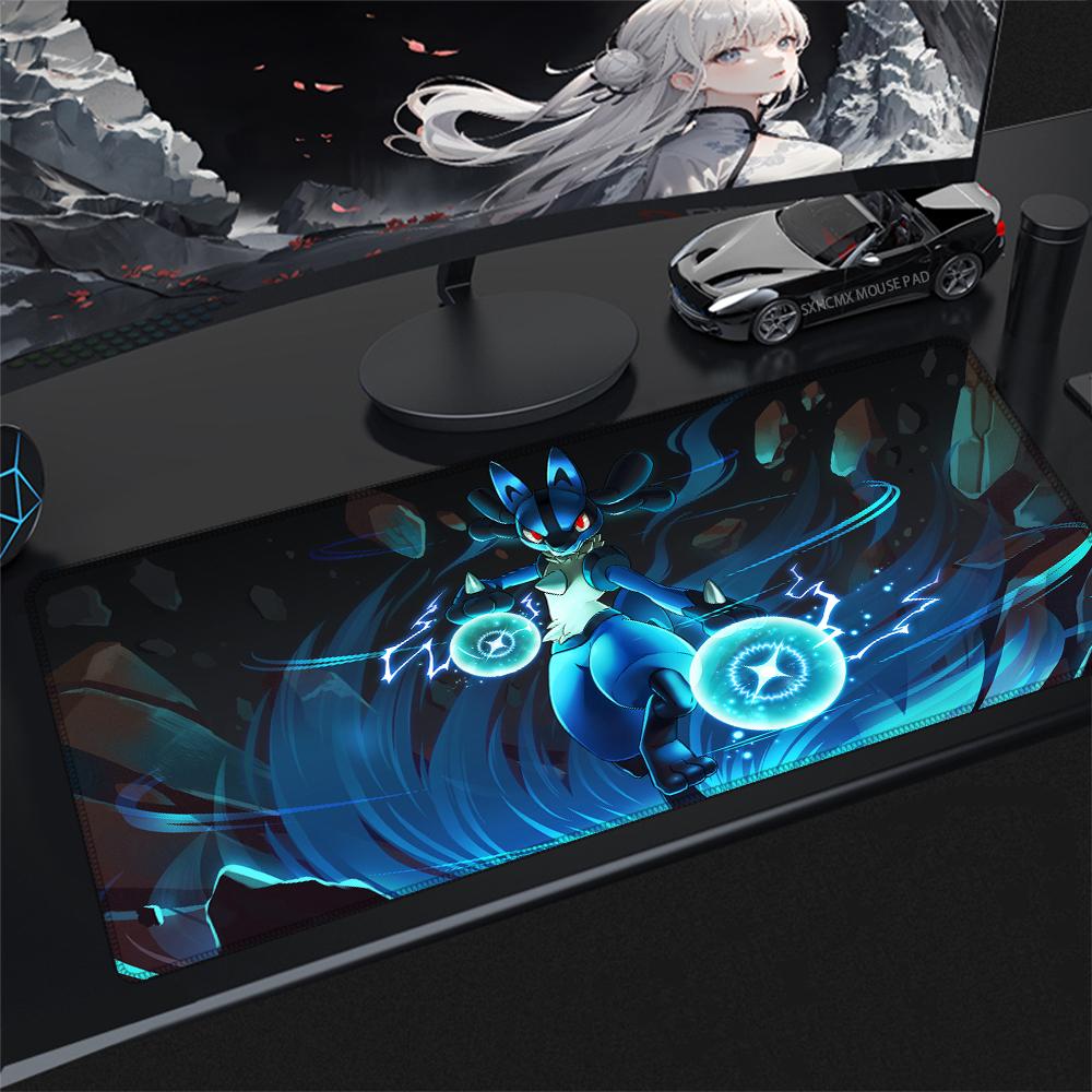 P-Pokemon Lucario Gaming Mouse Pad Large Extended Desk Mat Anime Pc Gamer Accessories Big Anti-Slip Playmat for Computer Laptop