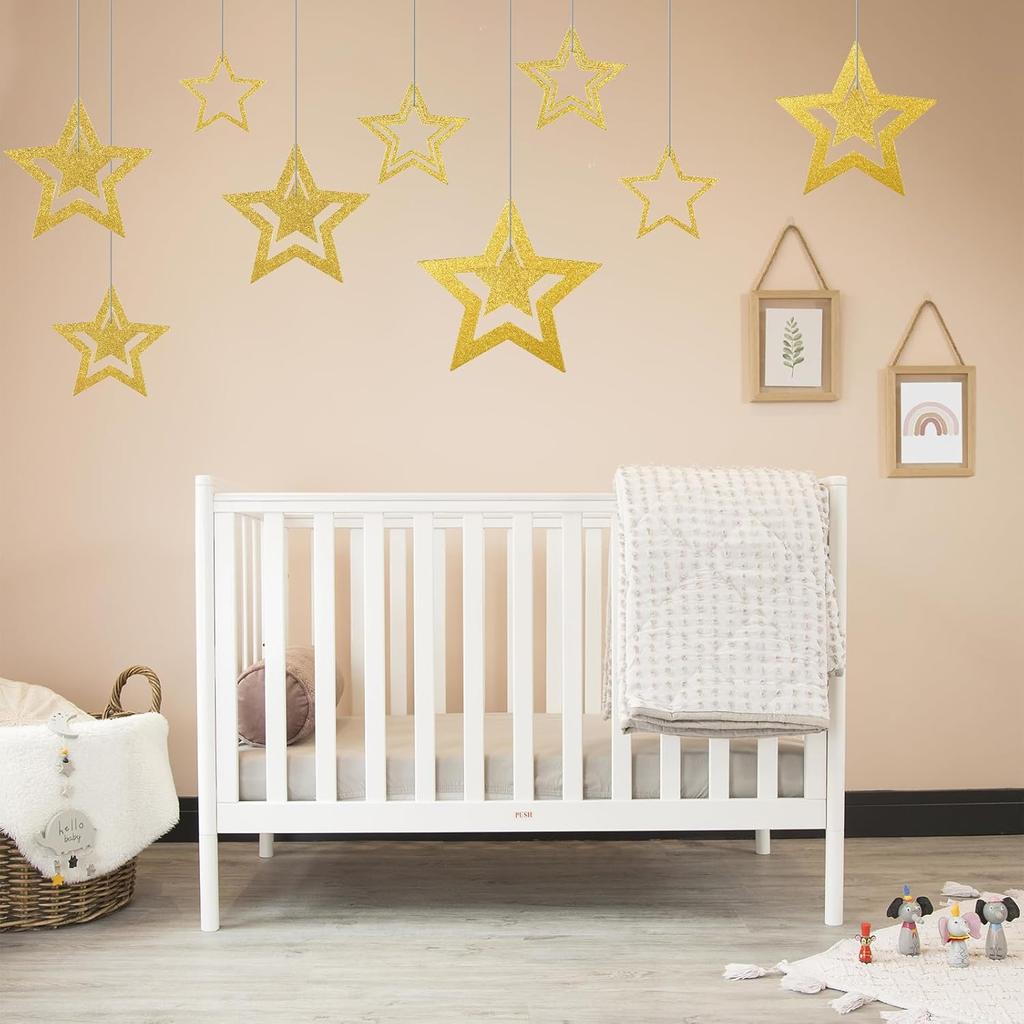 28PCS Gold Hanging Stars Decorations Glitter Cutouts with 7 Sizes Star Wall Decorations Double Sided Hanging Yard Decor for Party Wall Decor