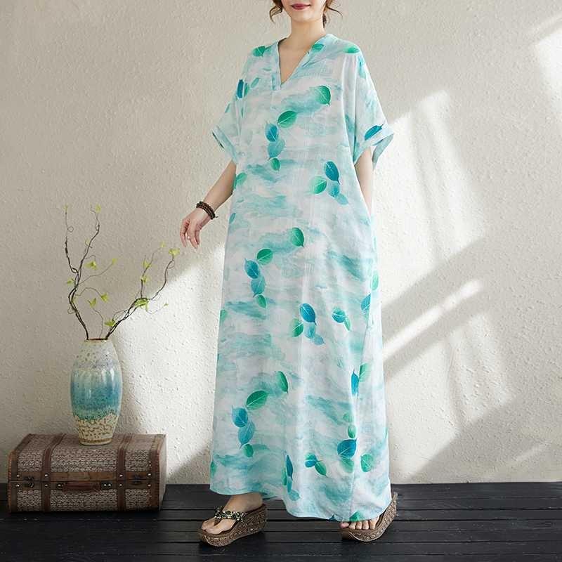 Prawdziwe Lato Nowa Bawełna i Len Nadruk Dekolt V Luźny Duży Rozmiar Prosty Styl Wakacyjny Długa Spódnica Damska Spódnica Plażowa Cienka