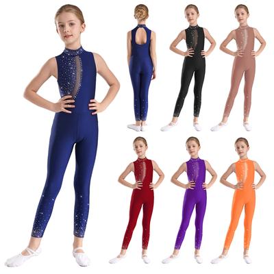 Kinder Mädchen Eiskunstlauf Trikot Glänzender Strass-Overall Durchsichtiges Netz Ärmelloser Body Gymnastik Ballett Tanzkostüm