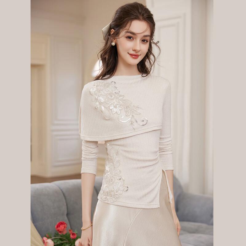 Women s Elegant Beaded Floral Faux Two-Piece Long Sleeve Top L