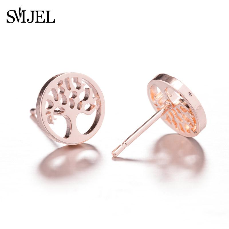 Fashion Round Tree of Life Stud Earrings Women Bohemian Tree Plant Jewelry Stainless Steel Earrings Ear Accessories Bijoux