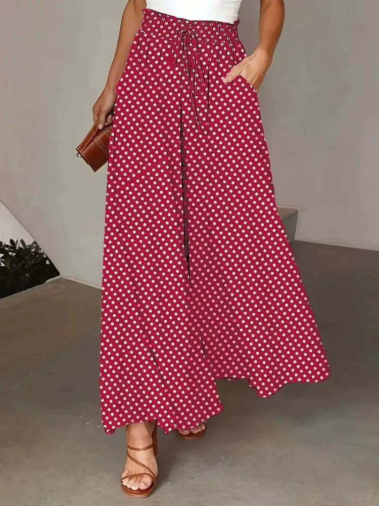Summer Bohemian Wide-Leg Pants with Elastic Waist and Polka Dot Print Long Skirt Pants for Women