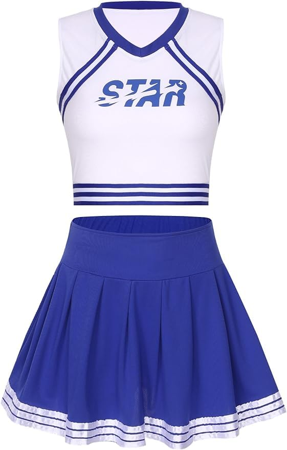 Lady Lazy Cheerleader Perfect for and Blue Costume, Miniskirt, Midriff-Baring, Photoshoots, Cosplay, Cross-Dressing, Cute, Short, Above-the-Knee,