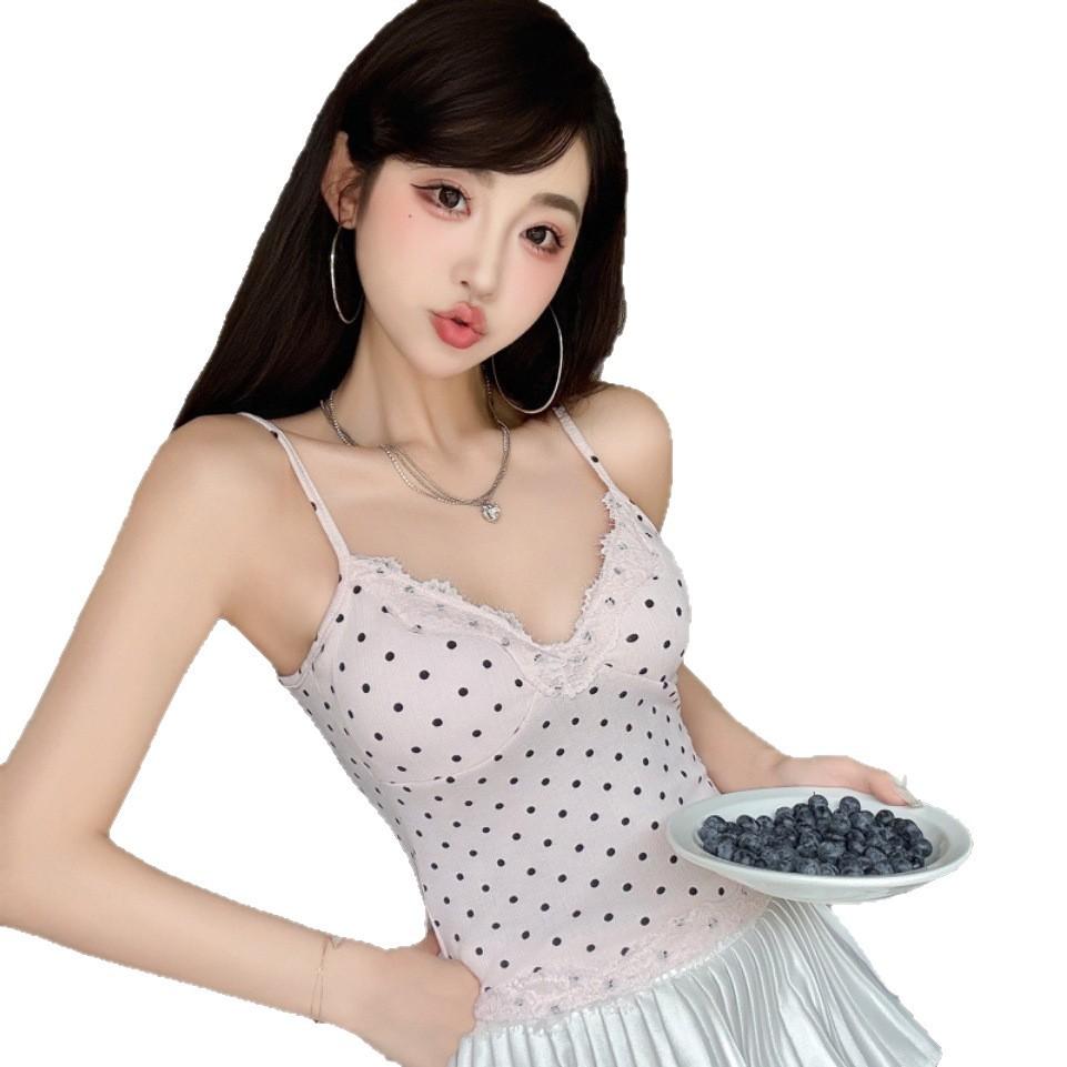 #Summer new sweet and spicy style jacquard print sling vest female slim one-piece chest pad versatile top