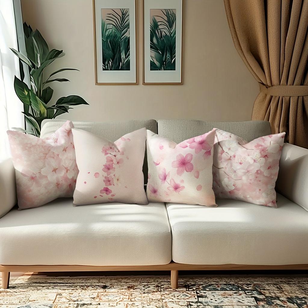 Soft Pink Cherry Blossom Pillowcase: Romantic Watercolor-Themed Cushion Cover For Home Sofa Decor