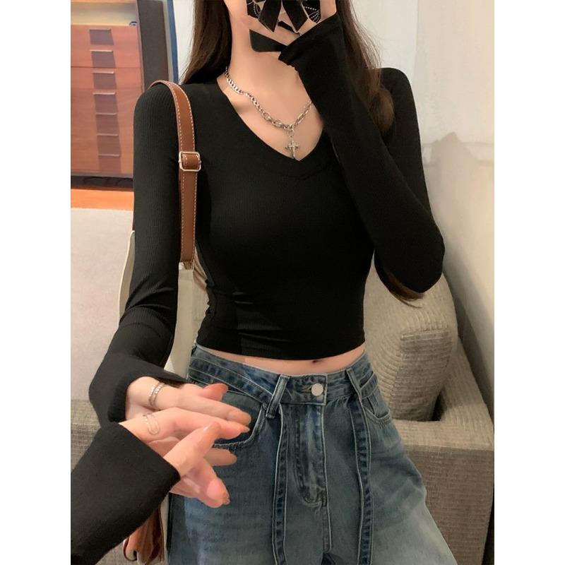 Solid Color Pullover V-neck Short Long-sleeved T-shirt Ins Style Hot Girl Korean Style Slim Bottoming Top