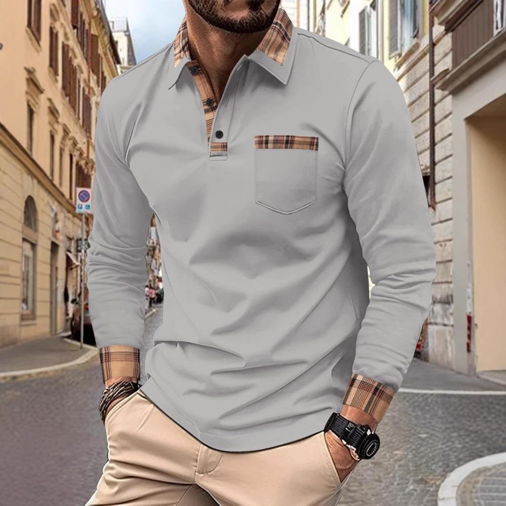 Spring and Autumn New Men's Daily Casual Solid Colour Patchwork Pockets Lapel Long-sleeved Polo Shirt