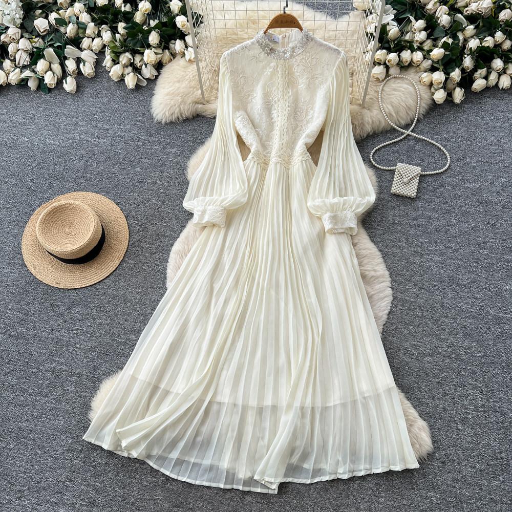 Lady's Style Lantern Sleeve Sequined Lace Dress Women's Summer White Stand-up Collar Waist Pleated Long Dress High-end Dress