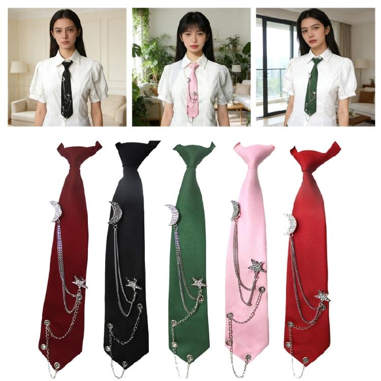 Student Pre Tied Neck Ties Preepy Look Rhinestones Star Metal Chain Dark Tie Cravat Neck Wear Accessories