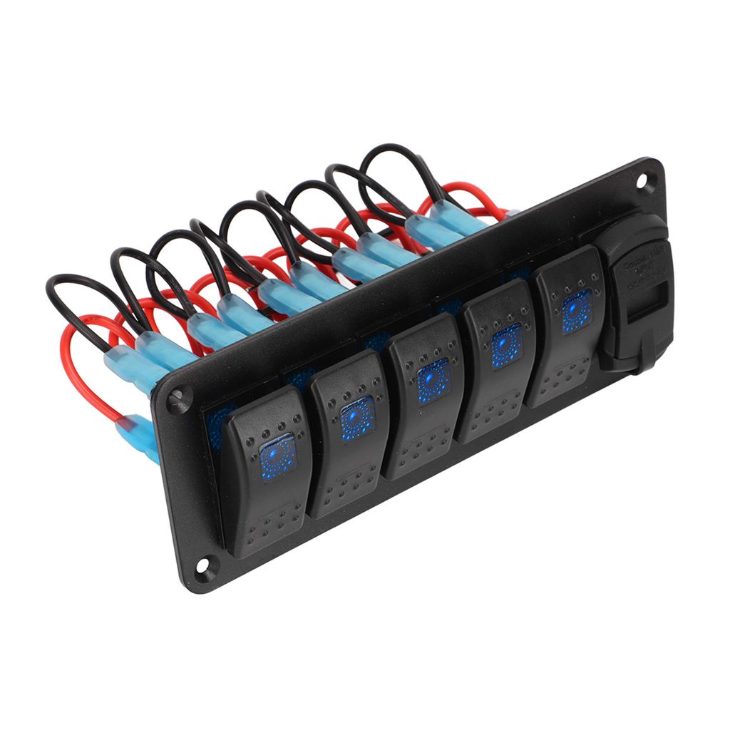 5 Gang Rocker Switch Panel 12V‑24V Dual USB Charger LED Voltage Display ON Off Switch for Truck RV Yacht