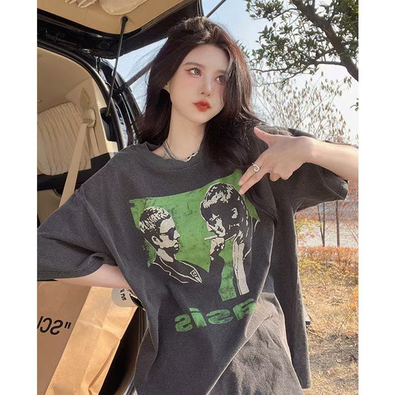 Women's Vintage Washed Oversized T-shirt Short Sleeve Graphic Print Loose Fit Streetwear Tee
