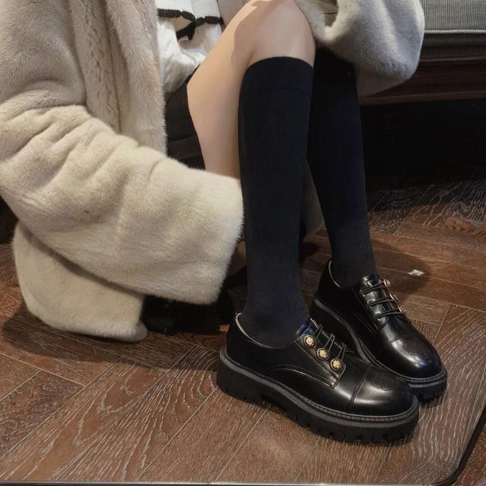 Fashion Spring New Black Loafers Women Chunky Heel Shoes Camellia British Retro Oxfords