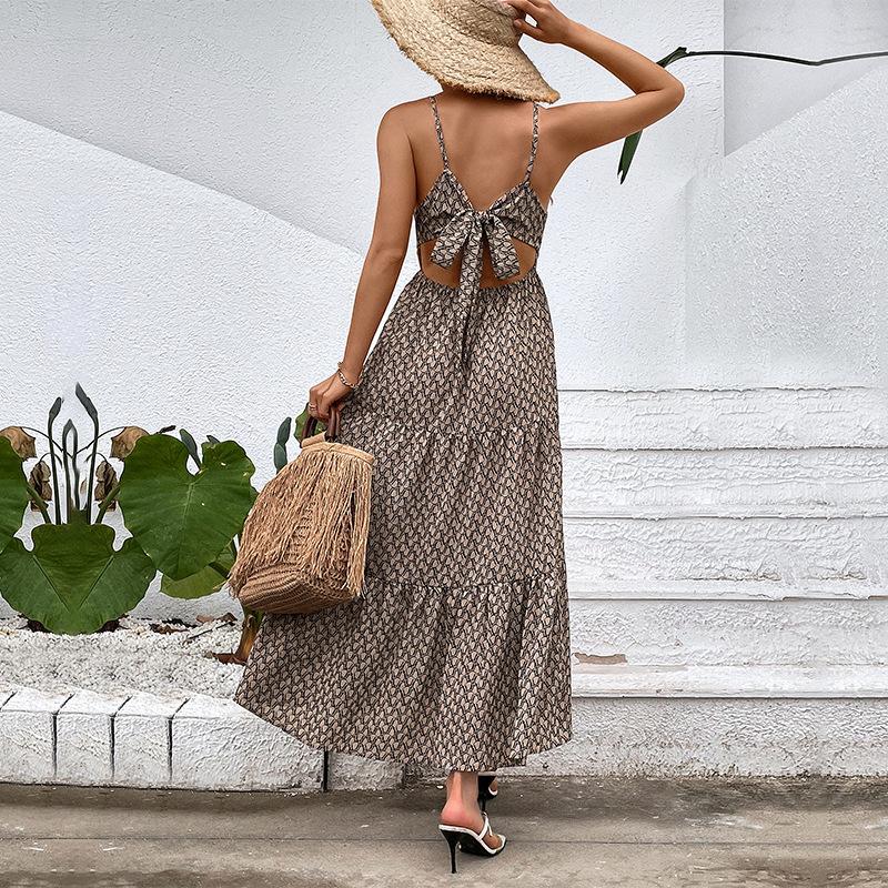 Independent Station Summer Leisure Vacation Popular Fashion European and American Geometric Printing Suspender Dress Women