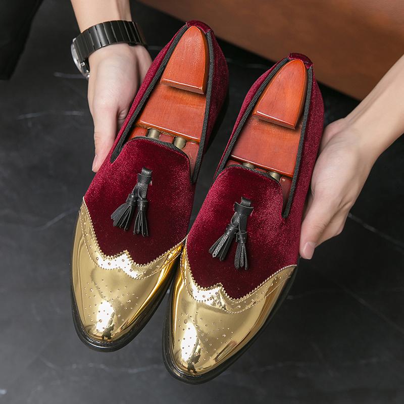 New Pointed Velvet Tassels Patchwork Oxford Leather Shoes For Men Luxury Designer Formal Wedding Prom Dress Homecoming Footwear