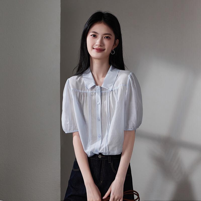 SOFSIL Women s Summer Silk-Blend Puff Sleeve Lapel Shirt L