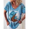 Sommer Damen T-Shirt Western Cowboy Stiefel mit Blumendruck Retro Mode Lässig Oversized V-Ausschnitt Damenbekleidung